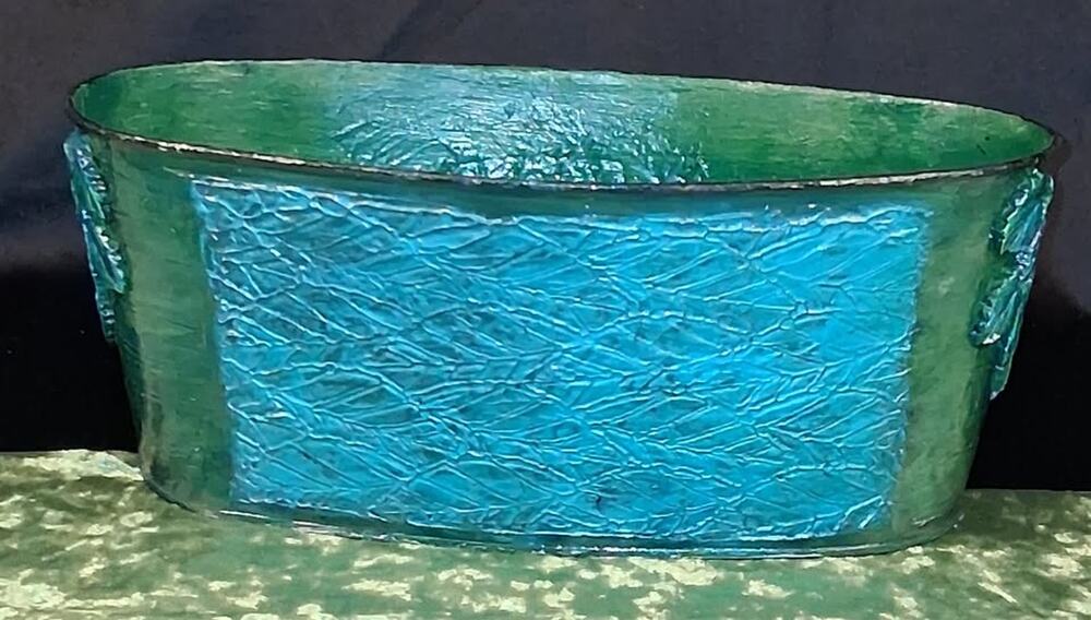 Mixed Media Art Planter - Faux Patina Leaf Design Window Box, Decorative Tin Tub